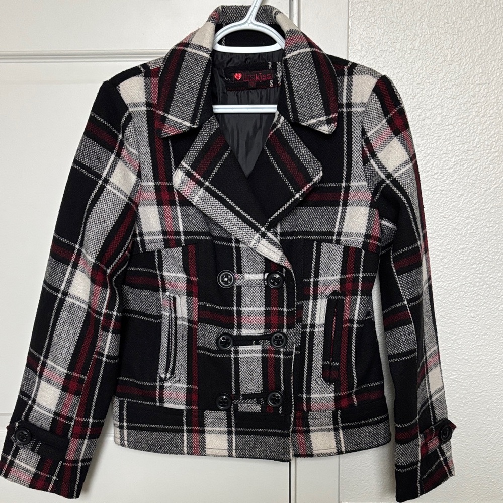 Tartan Plaid Double-Breasted Peacoat red white Wool Blended Size S